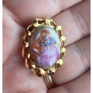 Vintage Limoges France Courting Couple Gold Tone Porcelain Brooch Pin Romantic